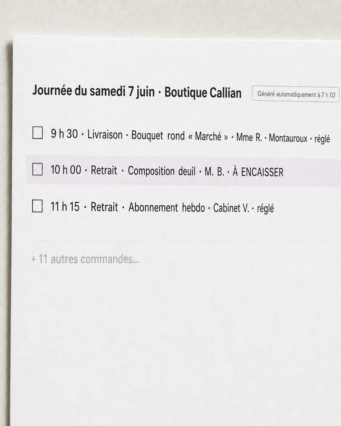 Check-list du jour générée automatiquement depuis le CRM : livraisons, retraits et commandes à encaisser